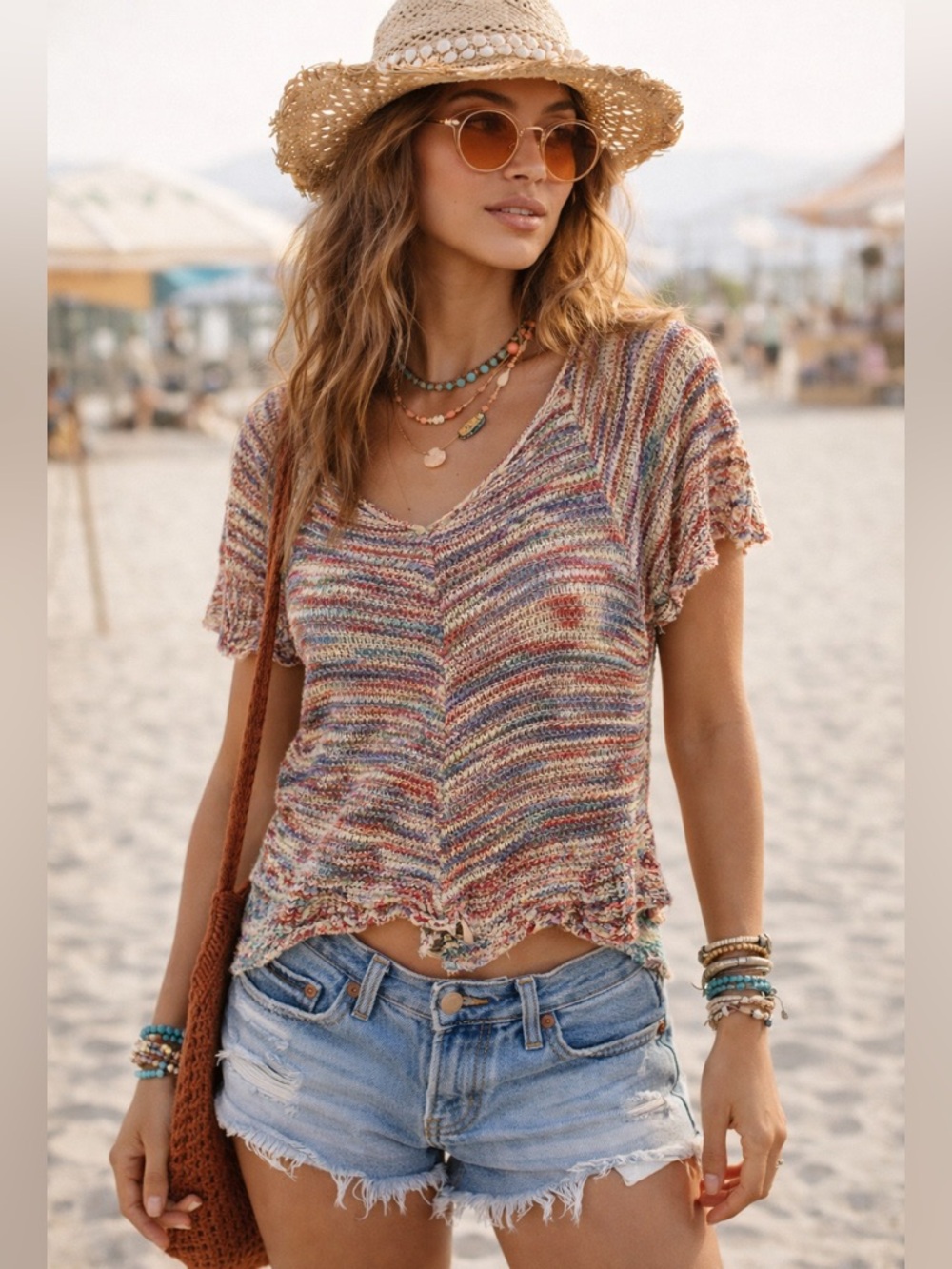 Boho Retro Style Multicolor Lightweight Knit Sweater Top | Medium